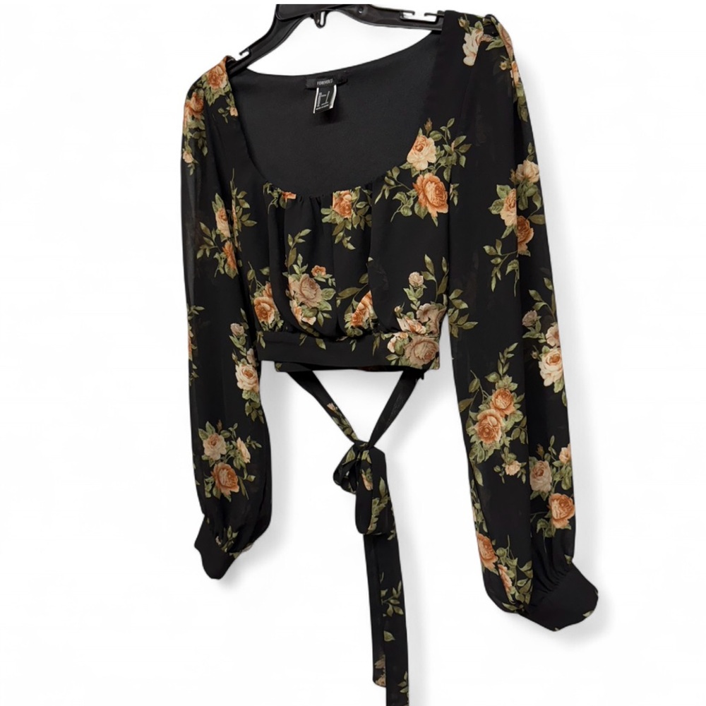 Forever 21 Floral Long Sleeve Tie-Back Crop Top - Size Small - Black/Rose - Picture 3 of 8